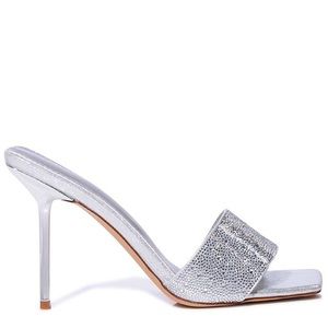 Azalea Wang Metallic Silver Rhinestone Embellished Mule Stiletto Heels